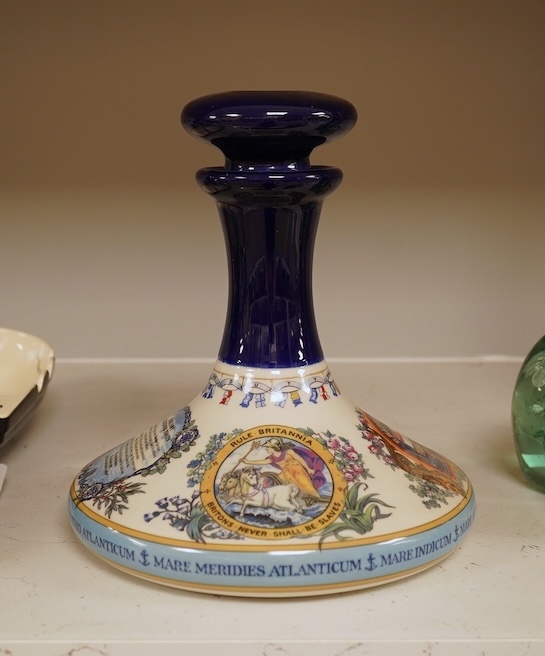 Wade 'Purser's Navy Rum Decanter' and two Captain Morgan rum boat ashtrays, decanter 24cm high